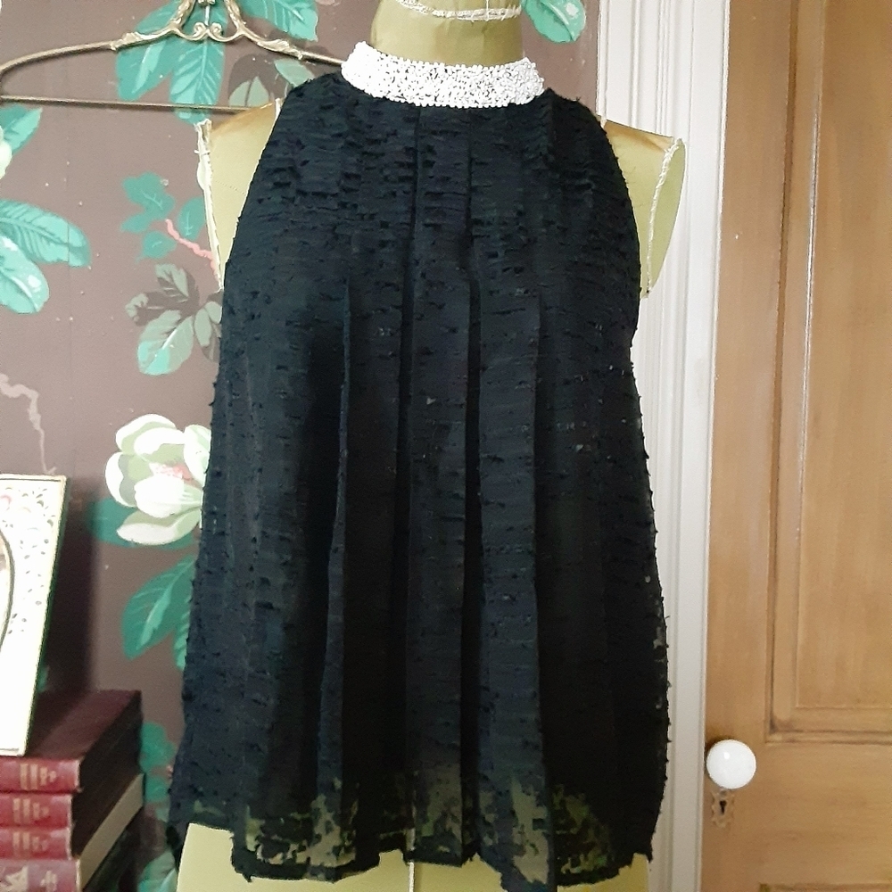 BHLDN Black Beaded Collar Halter Top – Textured Chiffon – Size 0